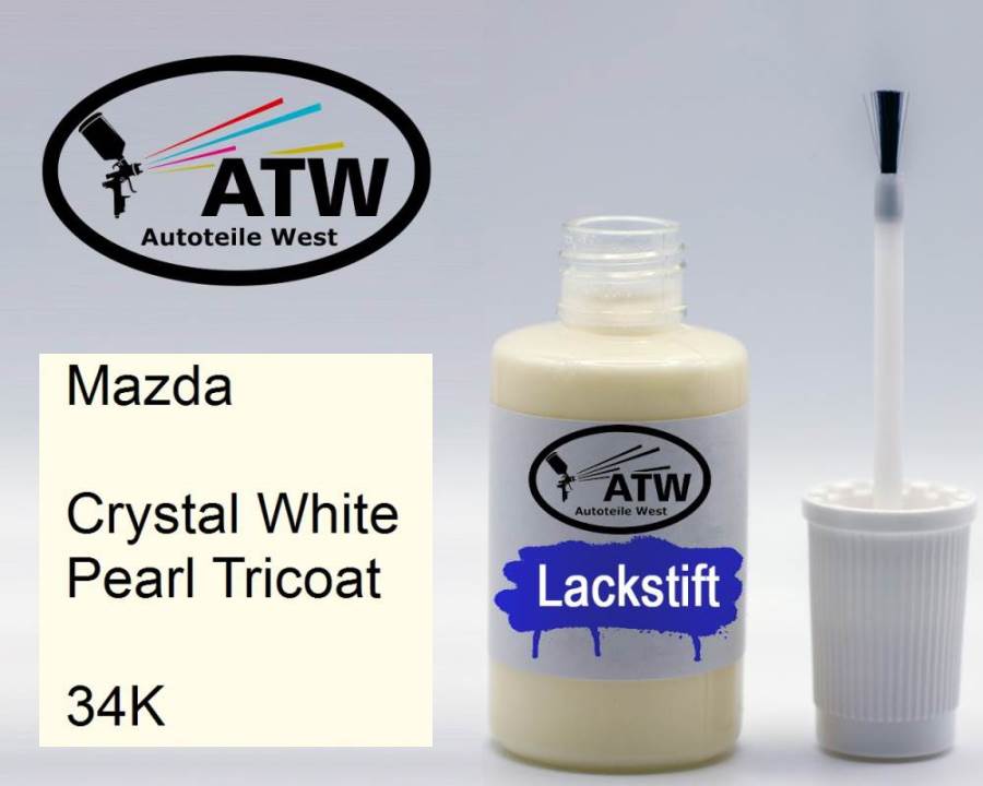 Mazda, Crystal White Pearl Tricoat, 34K: 20ml Lackstift, von ATW Autoteile West.